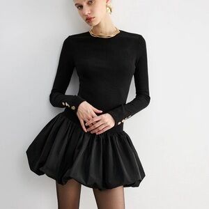 Commense Bubble Hem Long-Sleeve Knit Mini Dress Black